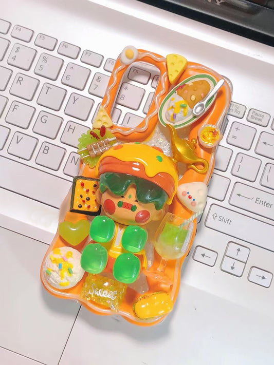 Pop Mart Pino Jelly  | Yellow Burger DIY Decoden Handmade Custom Cream Phone Case for iPhone Samsung | Phone Cover Accessories