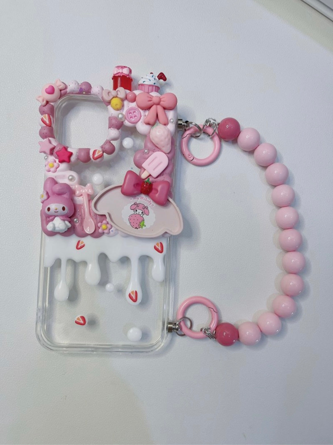 Mymelody | Pink DIY Decoden Handmade Custom Cream Phone Case for iPhone Samsung | Phone Cover Accessories（with chain）