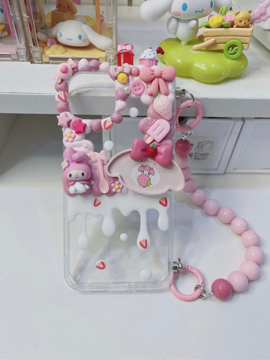 Mymelody | Pink DIY Decoden Handmade Custom Cream Phone Case for iPhone Samsung | Phone Cover Accessories（with chain）