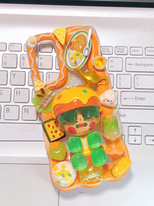 Pop Mart Pino Jelly  | Yellow Burger DIY Decoden Handmade Custom Cream Phone Case for iPhone Samsung | Phone Cover Accessories