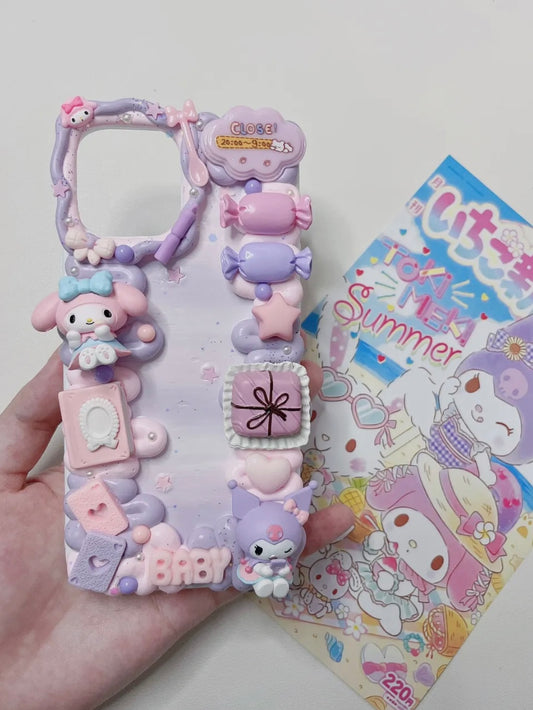 Melody & Kuromi  | Purple DIY Decoden Handmade Custom Cream Phone Case for iPhone Samsung | Phone Cover Accessories