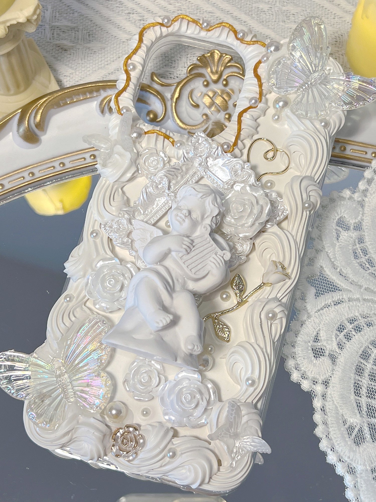 White Baroque  Decoden Handmade Custom Cream Phone Case for